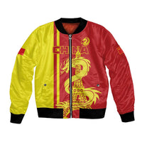 Red and yellow satin bomber jacket with front zipper, dragon and Eiffel tower graphic