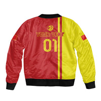 Red and yellow bomber jacket back with striped panels, 'YOUR TEXT' and '01' print