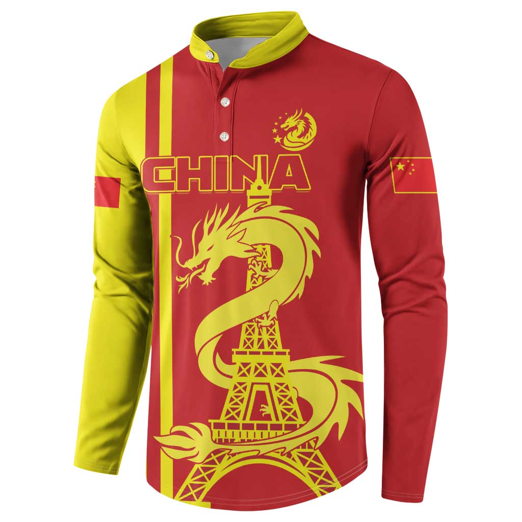 Red/yellow long-sleeve button polo with China text, dragon and Eiffel Tower front view