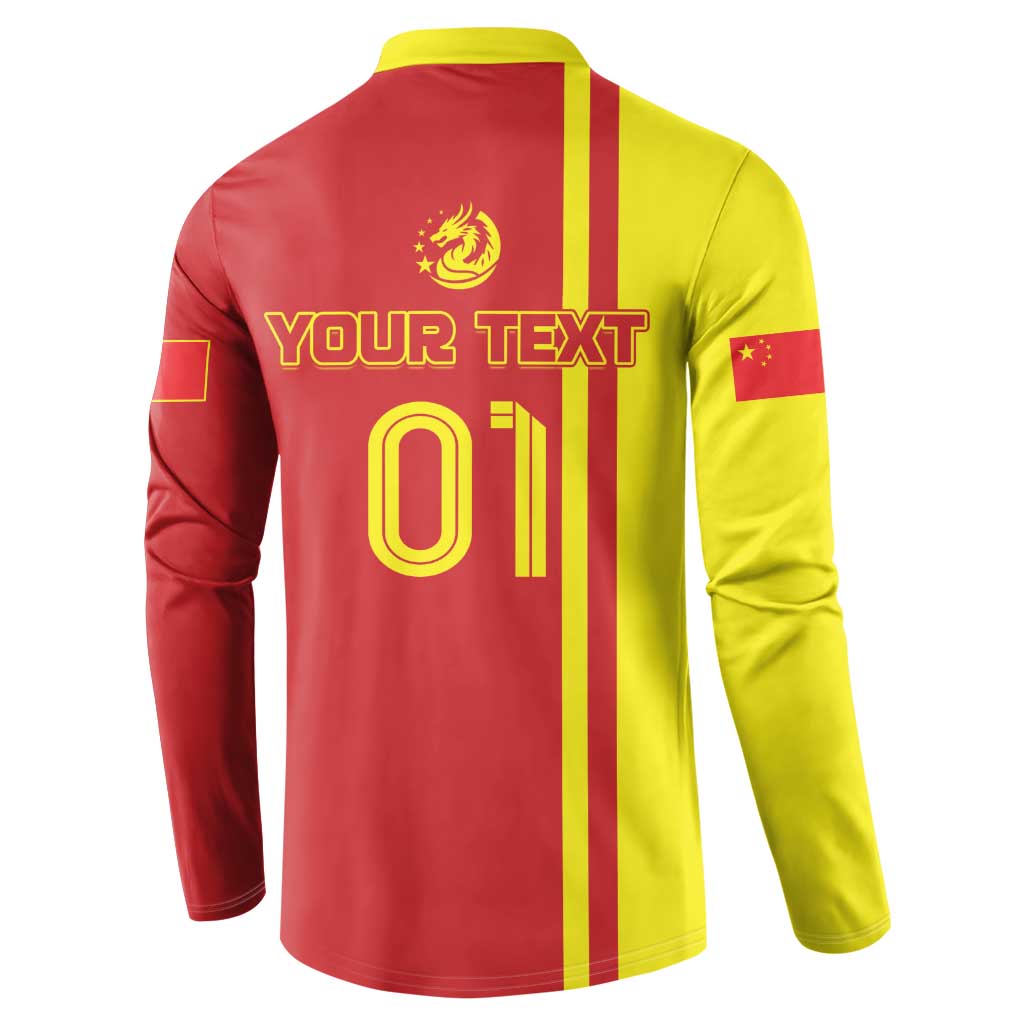 Red/yellow long-sleeve button polo back with YOUR TEXT and 01, dragon crest