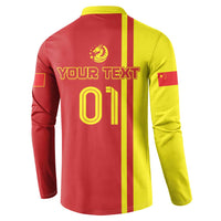 Red/yellow long-sleeve button polo back with YOUR TEXT and 01, dragon crest