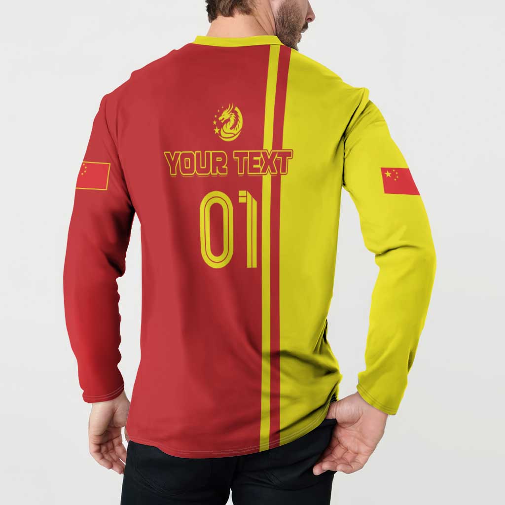 Red/yellow long-sleeve button polo back with YOUR TEXT 01 and dragon crest