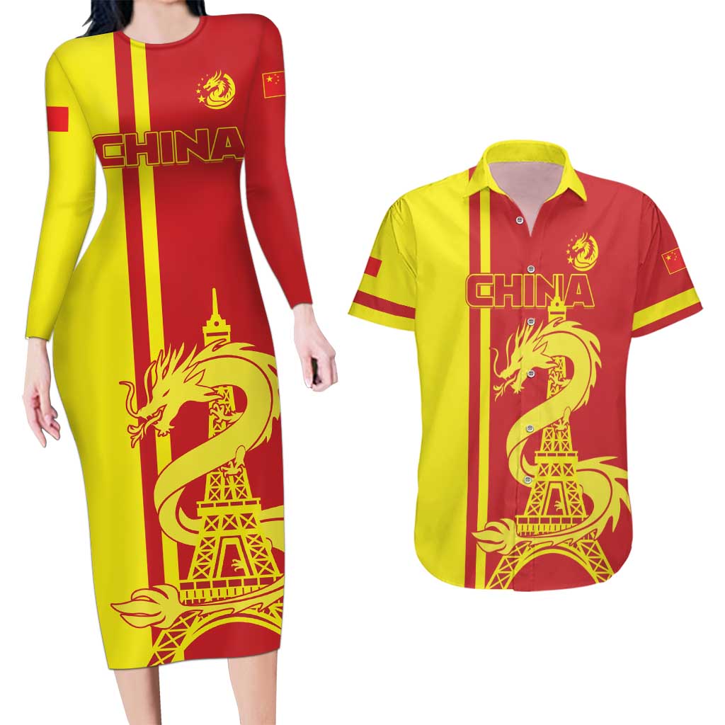 Custom China Couples Matching Long Sleeve Bodycon Dress and Hawaiian Shirt Chinese Dragon With Eiffel Tower - Wonder Print Shop