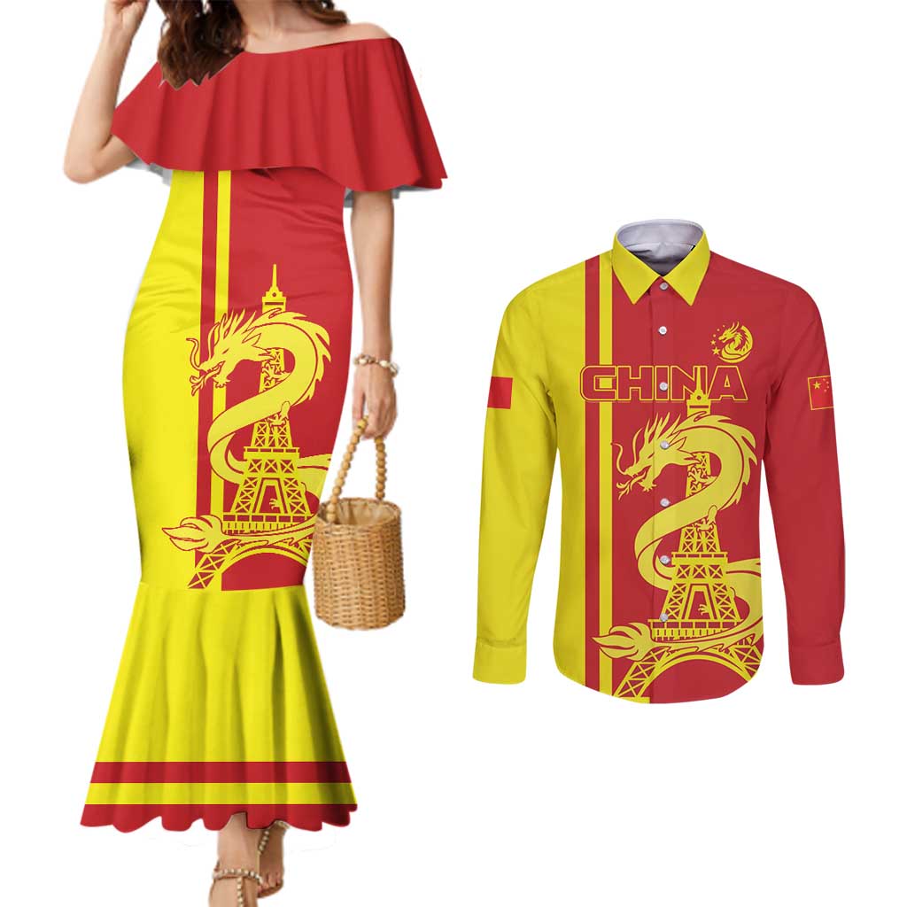 Custom China Couples Matching Mermaid Dress and Long Sleeve Button Shirt Chinese Dragon With Eiffel Tower