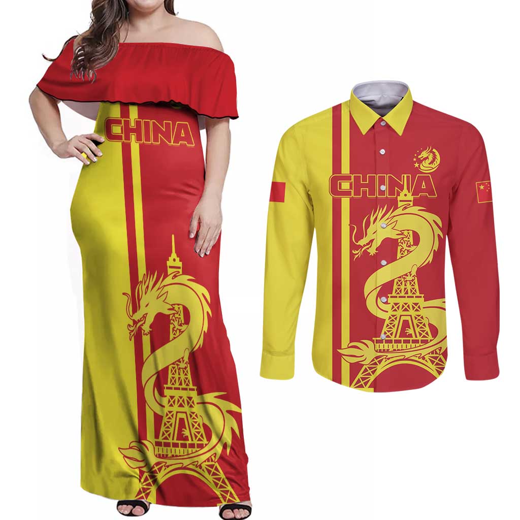 Custom China Couples Matching Off Shoulder Maxi Dress and Long Sleeve Button Shirt Chinese Dragon With Eiffel Tower - Wonder Print Shop