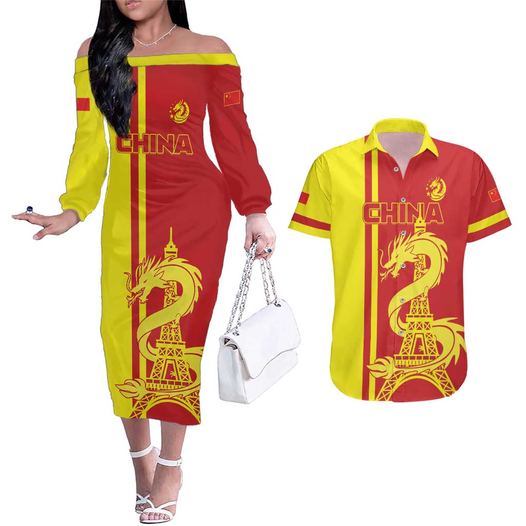 Custom China Couples Matching Off The Shoulder Long Sleeve Dress and Hawaiian Shirt Chinese Dragon With Eiffel Tower - Wonder Print Shop