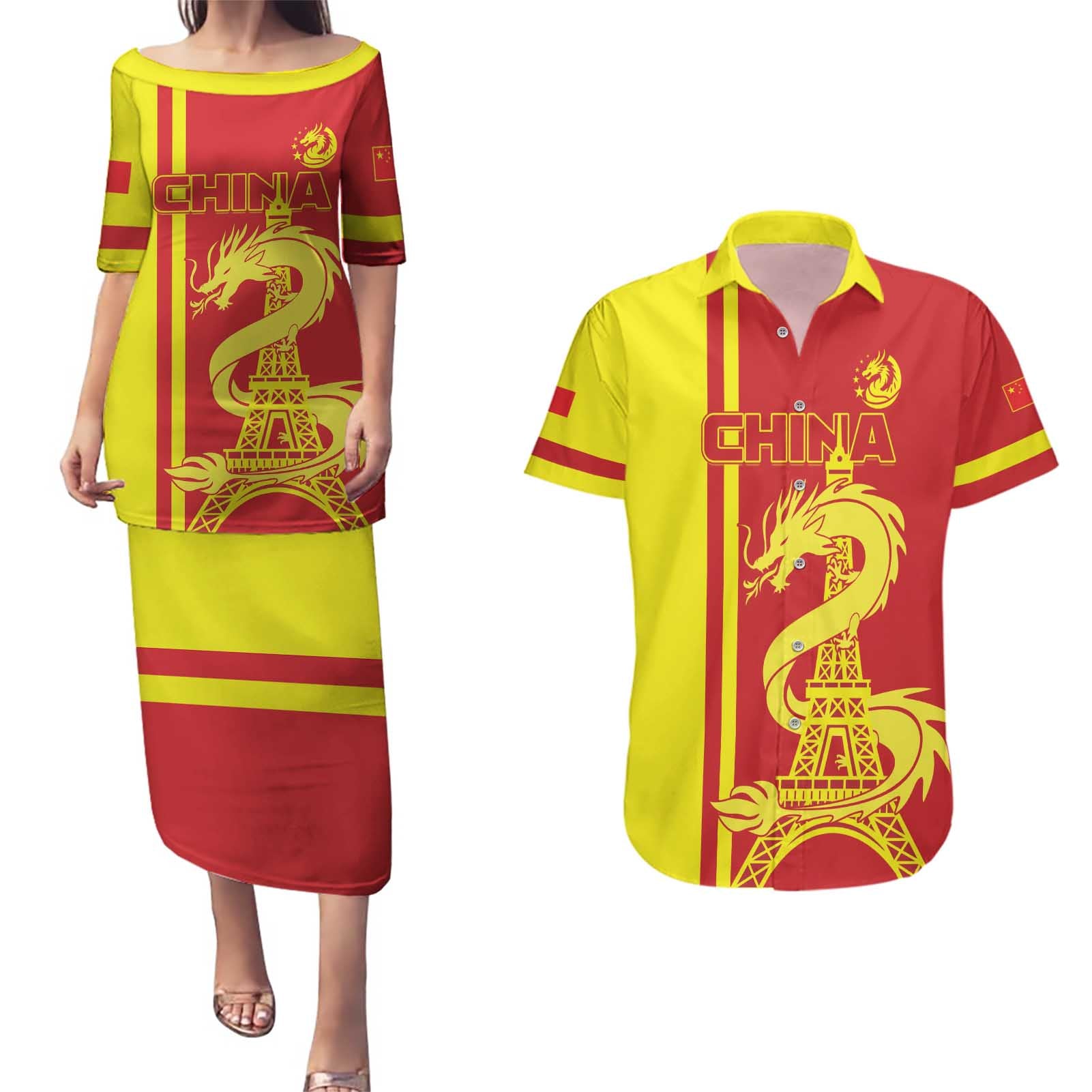 Custom China Couples Matching Puletasi and Hawaiian Shirt Chinese Dragon With Eiffel Tower - Wonder Print Shop