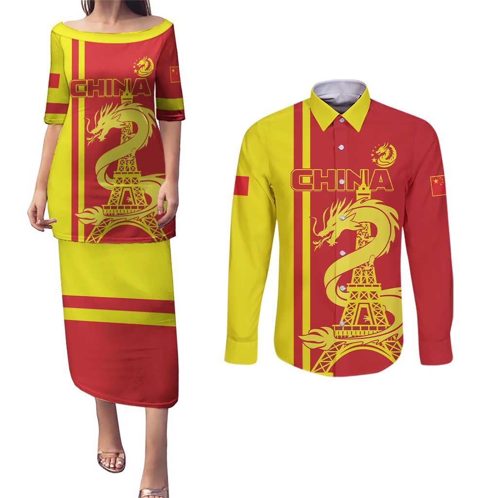 Custom China Couples Matching Puletasi and Long Sleeve Button Shirt Chinese Dragon With Eiffel Tower - Wonder Print Shop