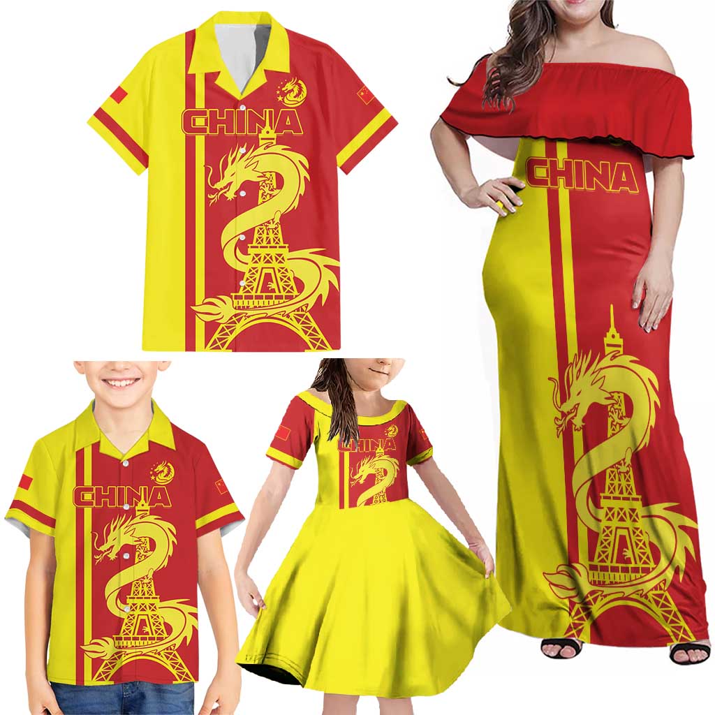 Custom China Family Matching Off Shoulder Maxi Dress and Hawaiian Shirt Chinese Dragon With Eiffel Tower - Wonder Print Shop