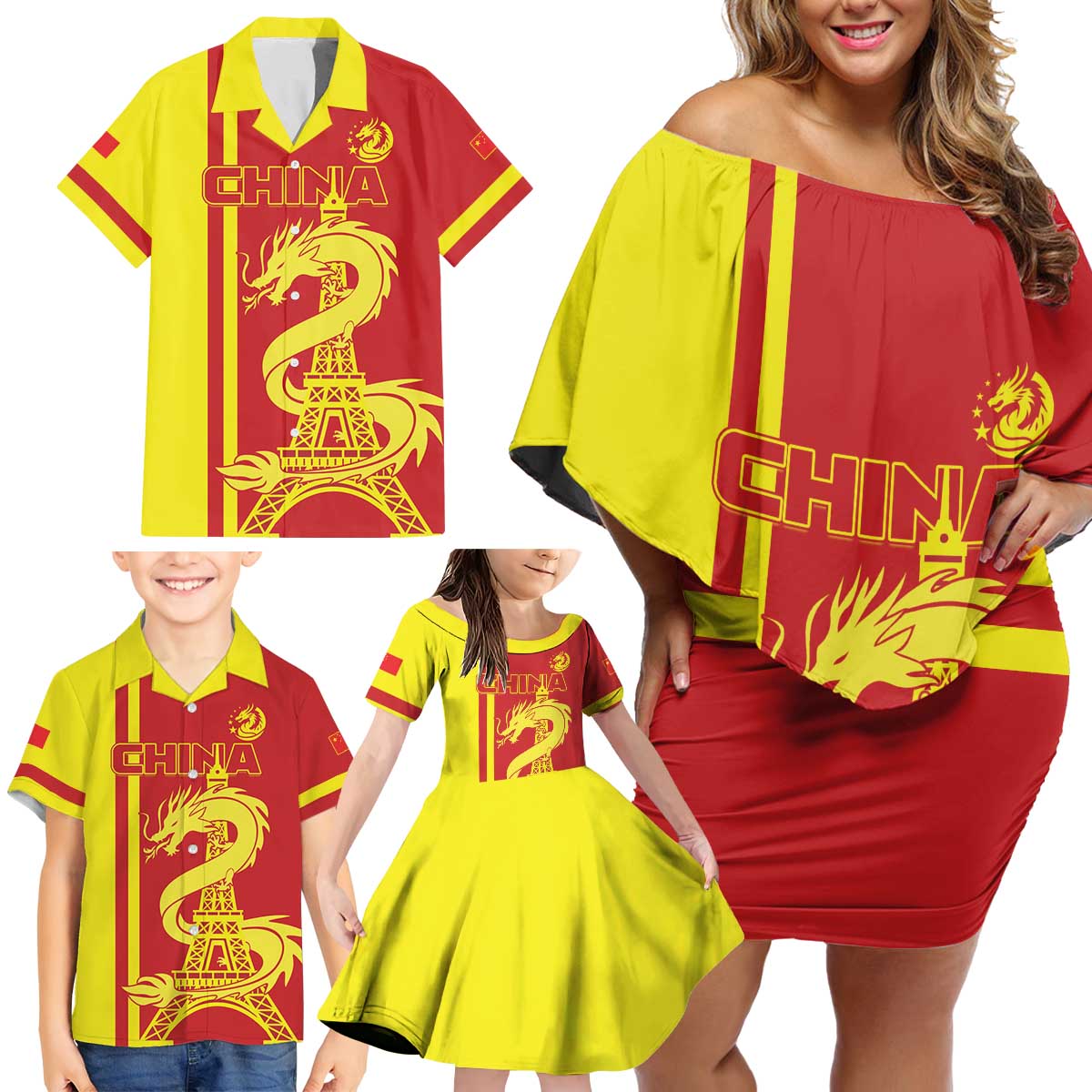 Custom China Family Matching Off Shoulder Short Dress and Hawaiian Shirt Chinese Dragon With Eiffel Tower - Wonder Print Shop