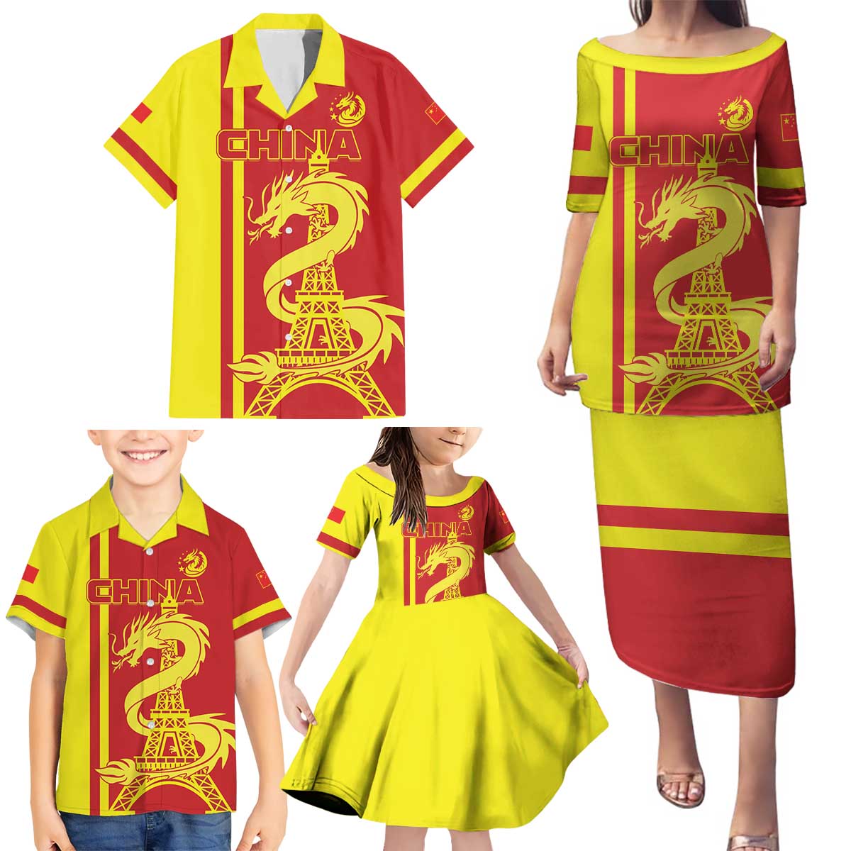 Custom China Family Matching Puletasi and Hawaiian Shirt Chinese Dragon With Eiffel Tower - Wonder Print Shop