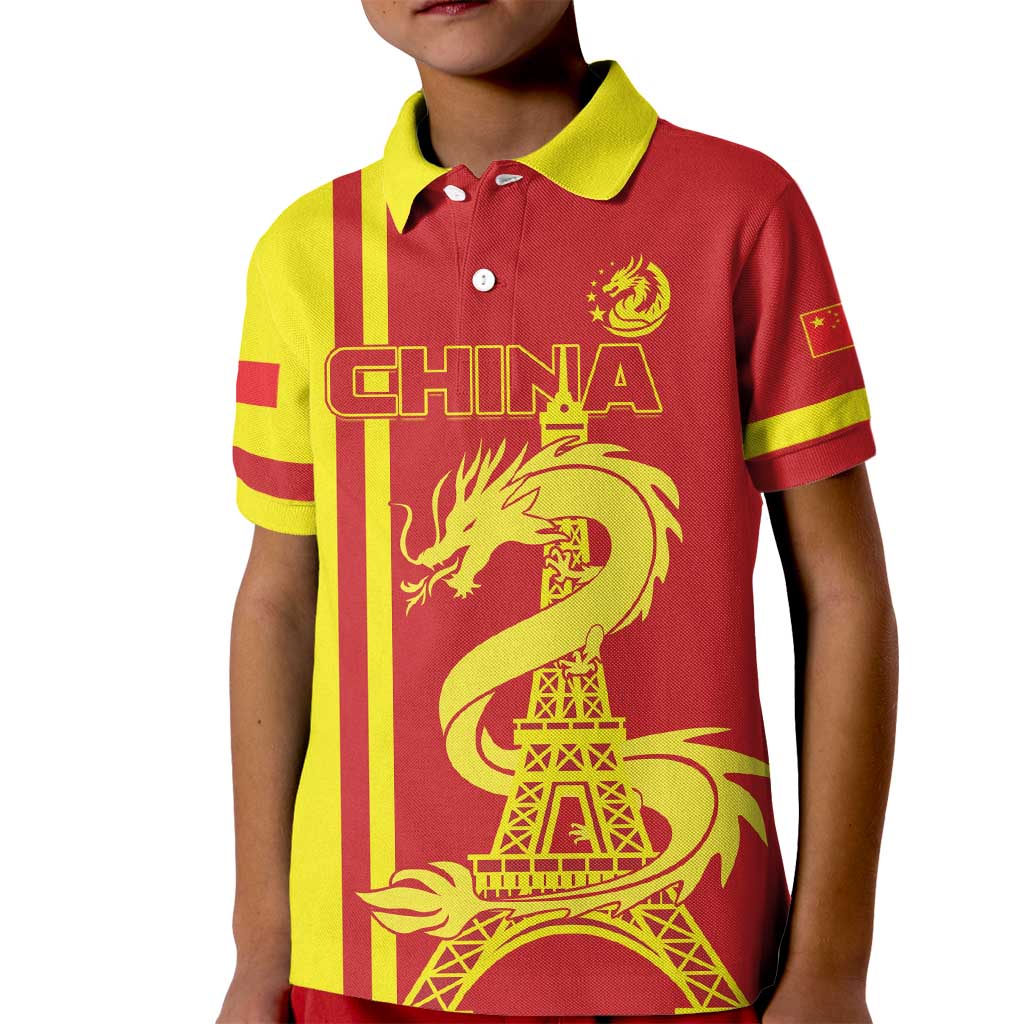 Custom China Kid Polo Shirt Chinese Dragon With Eiffel Tower - Wonder Print Shop