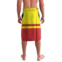 Knee-length skirt with elastic waistband, lime yellow top and red hem