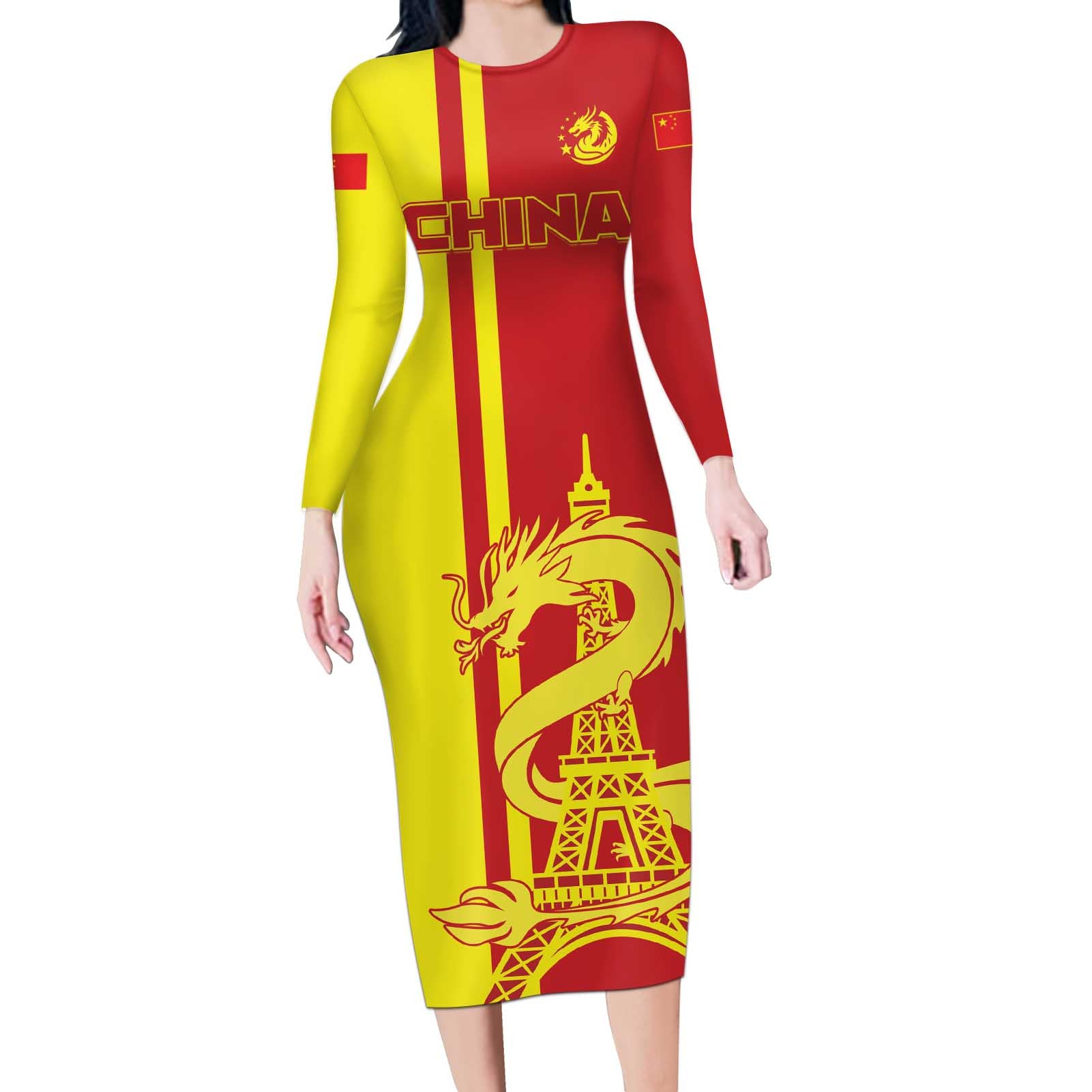 Custom China Long Sleeve Bodycon Dress Chinese Dragon With Eiffel Tower - Wonder Print Shop