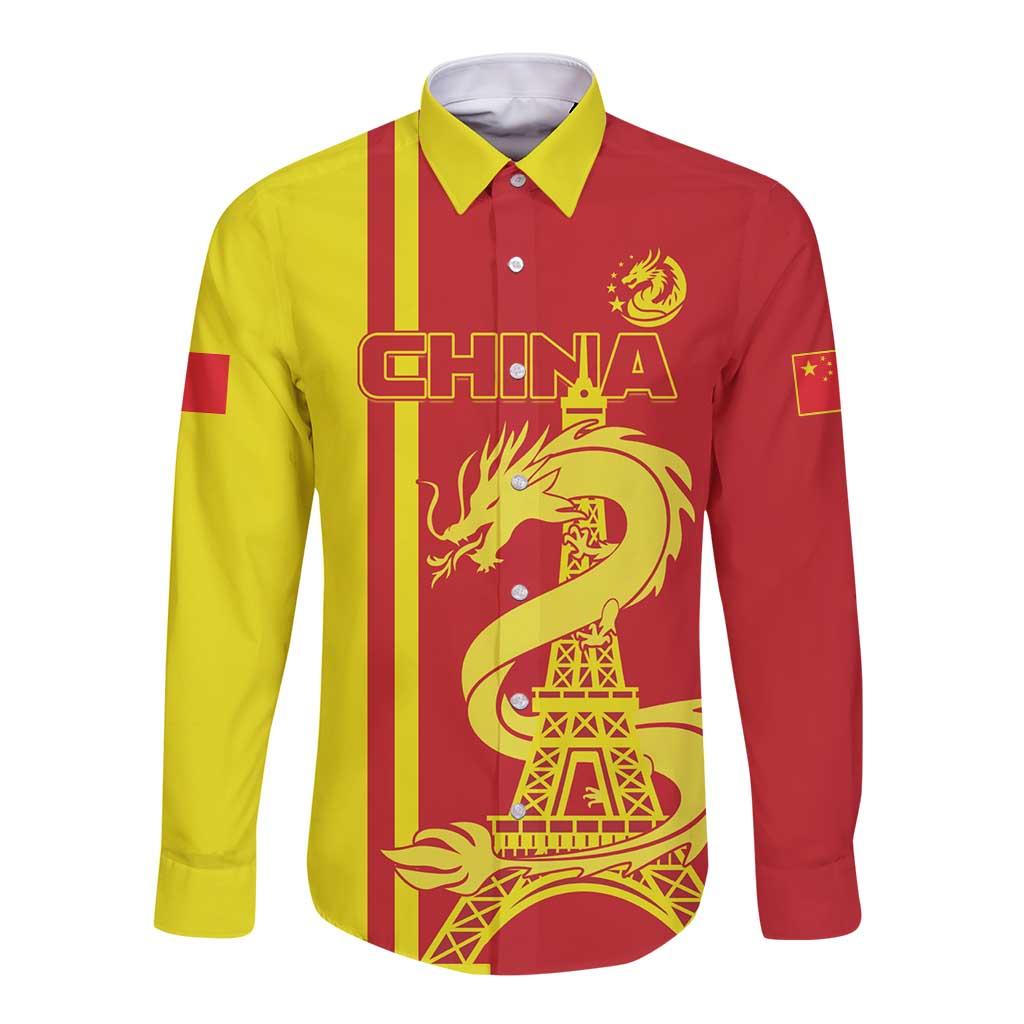 Long-sleeve button shirt with red and yellow panels, CHINA print, dragon and Eiffel Tower