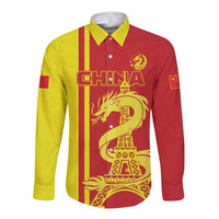 Long-sleeve button shirt with red and yellow panels, CHINA print, dragon and Eiffel Tower