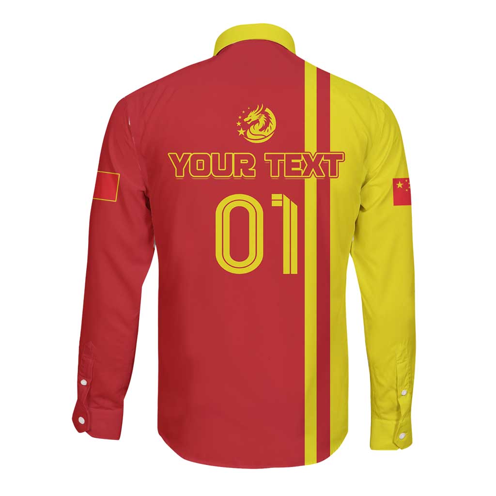 Long-sleeve button shirt back with red/yellow stripes, YOUR TEXT and 01 print