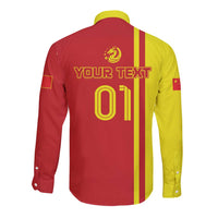 Long-sleeve button shirt back with red/yellow stripes, YOUR TEXT and 01 print