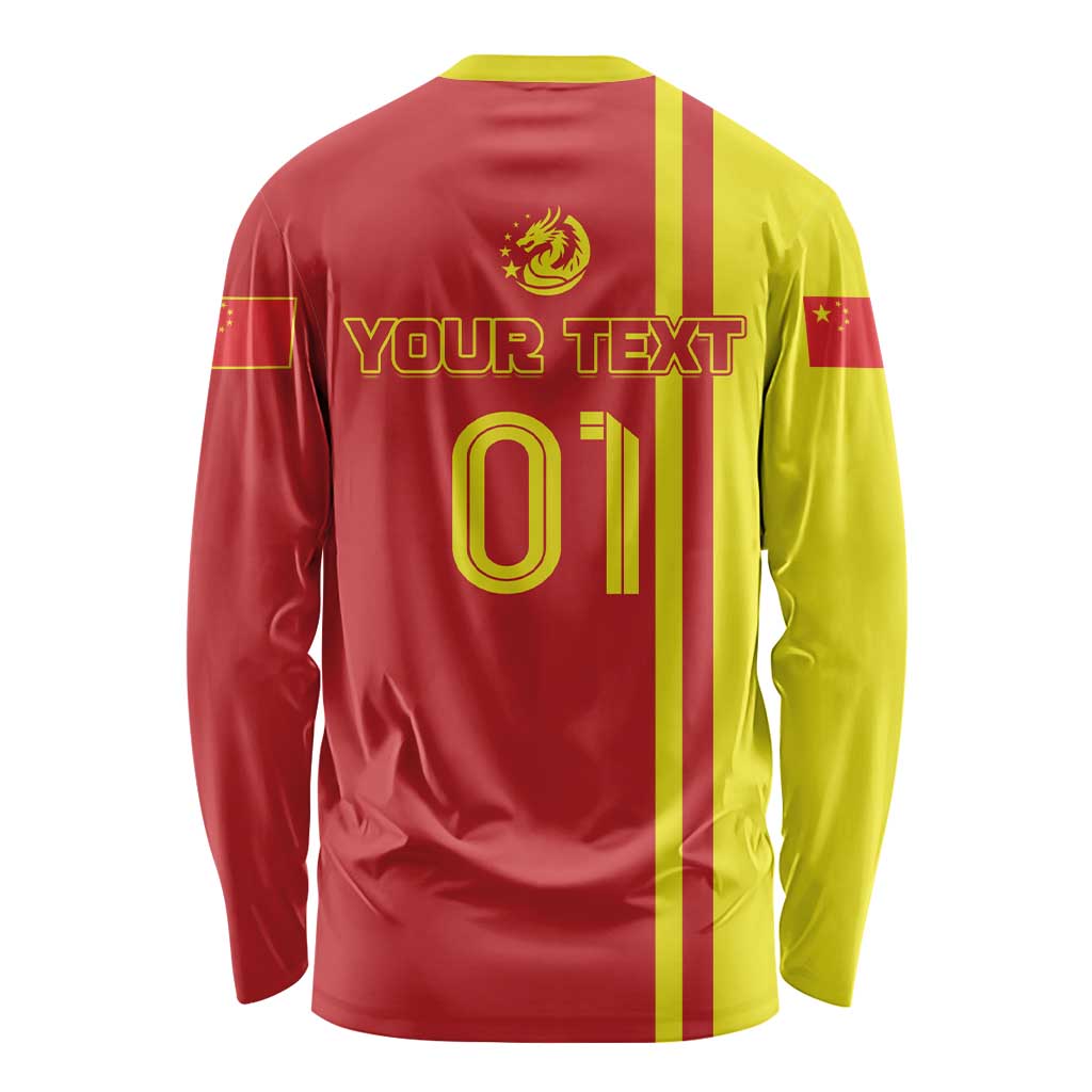 Red and yellow long-sleeve shirt with back print 'YOUR TEXT' and large '01' number