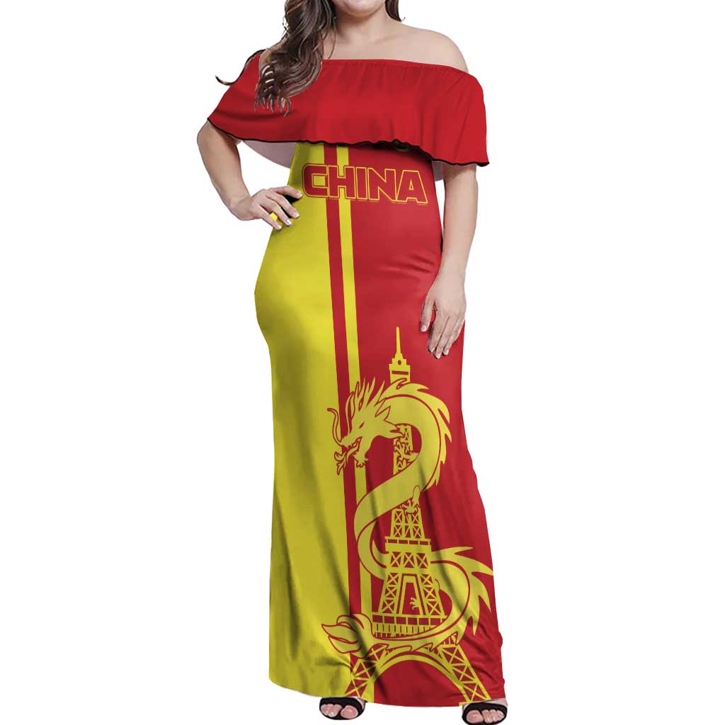 Custom China Off Shoulder Maxi Dress Chinese Dragon With Eiffel Tower - Wonder Print Shop