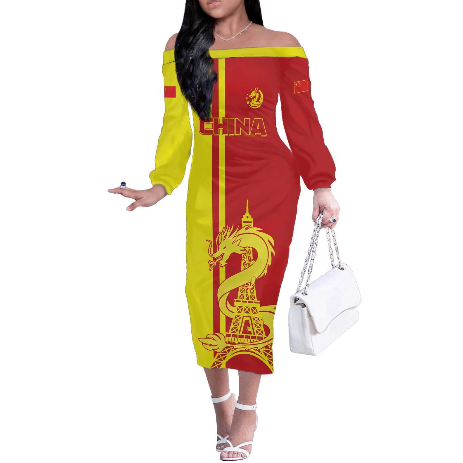 Custom China Off The Shoulder Long Sleeve Dress Chinese Dragon With Eiffel Tower - Wonder Print Shop