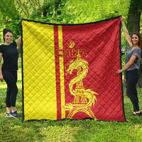 Large red and yellow China-themed quilt with dragon and Eiffel Tower print, diamond quilting