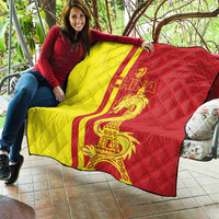 China-themed quilt with red and yellow diagonal stripe, dragon and Eiffel Tower print