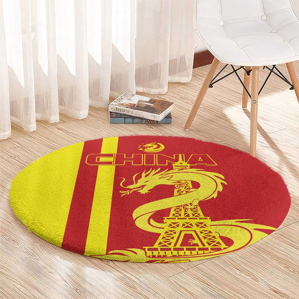 Round red and yellow striped rug with China text, golden dragon and Eiffel Tower
