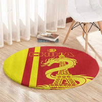 Round red and yellow striped rug with China text, golden dragon and Eiffel Tower