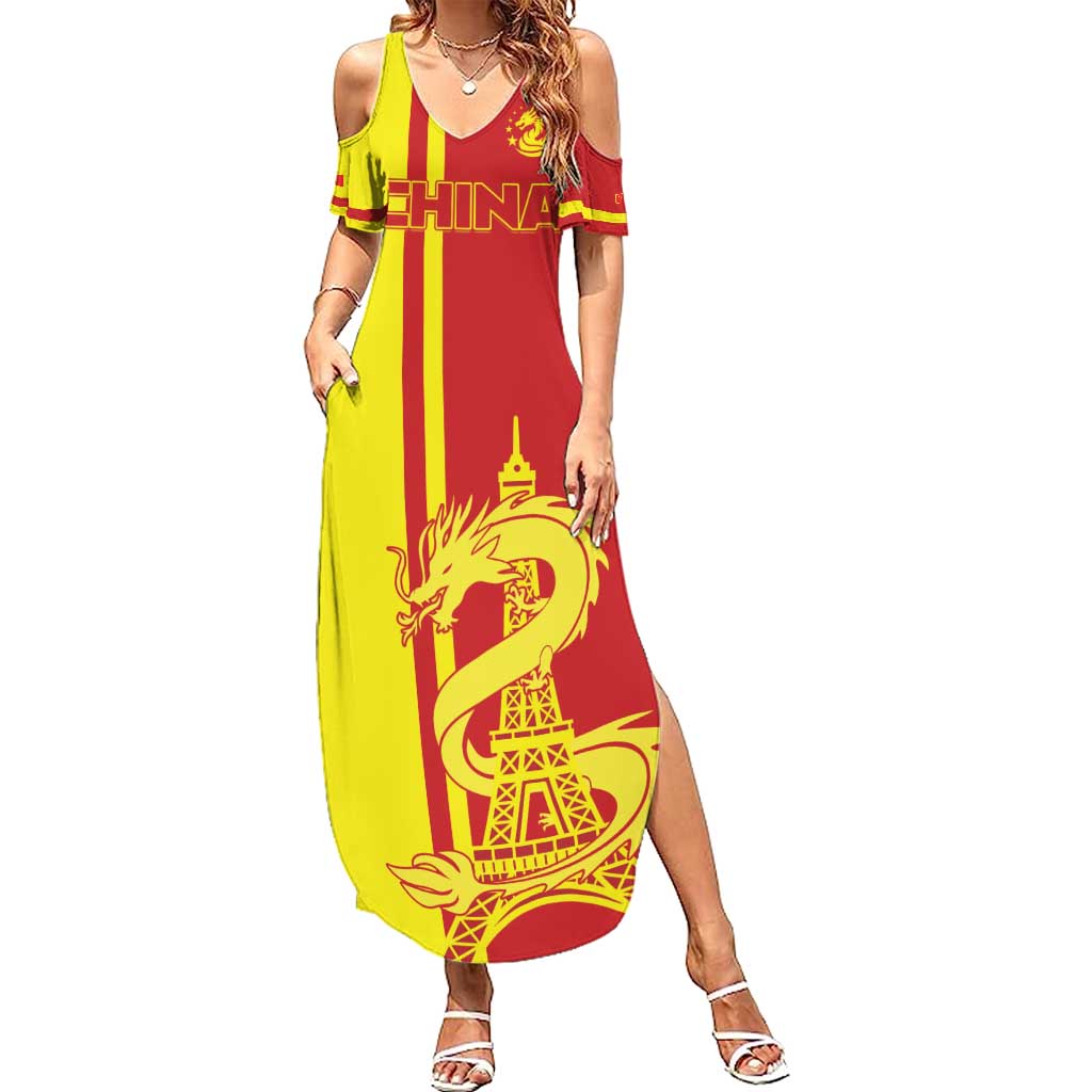 Custom China Summer Maxi Dress Chinese Dragon With Eiffel Tower - Wonder Print Shop