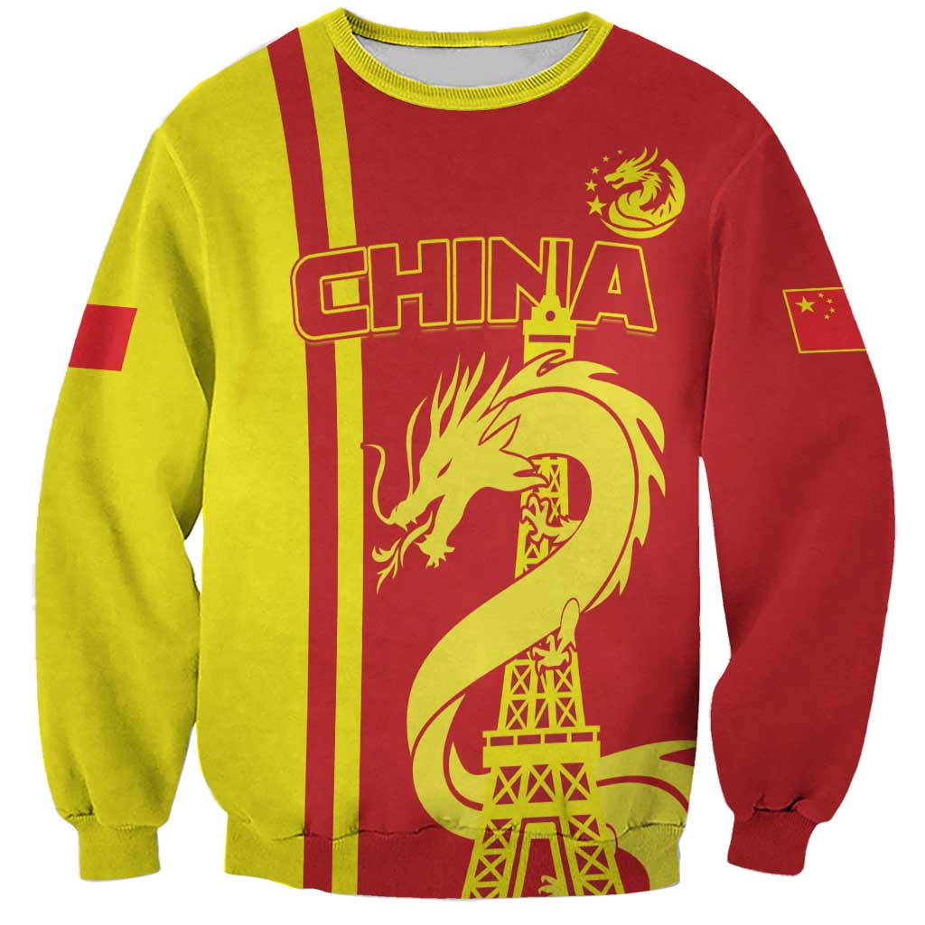 Unisex China sweatshirt, red and lime panels, front dragon with Eiffel tower graphic