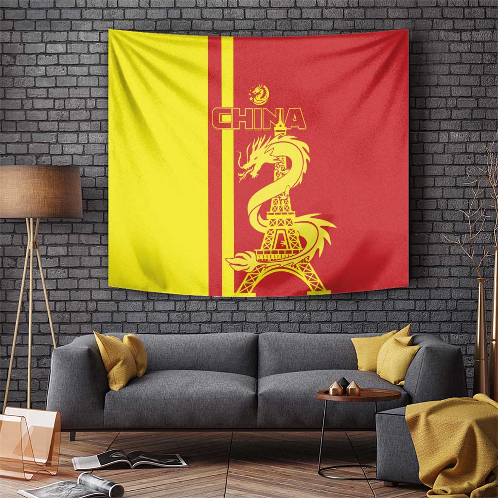 Red and yellow China flag tapestry with golden dragon and Eiffel Tower graphic