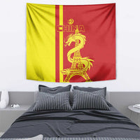 Red and yellow flag tapestry with CHINA lettering, golden dragon near Eiffel Tower