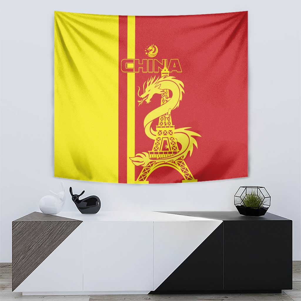 Red and yellow flag tapestry with golden dragon and Eiffel Tower under CHINA lettering