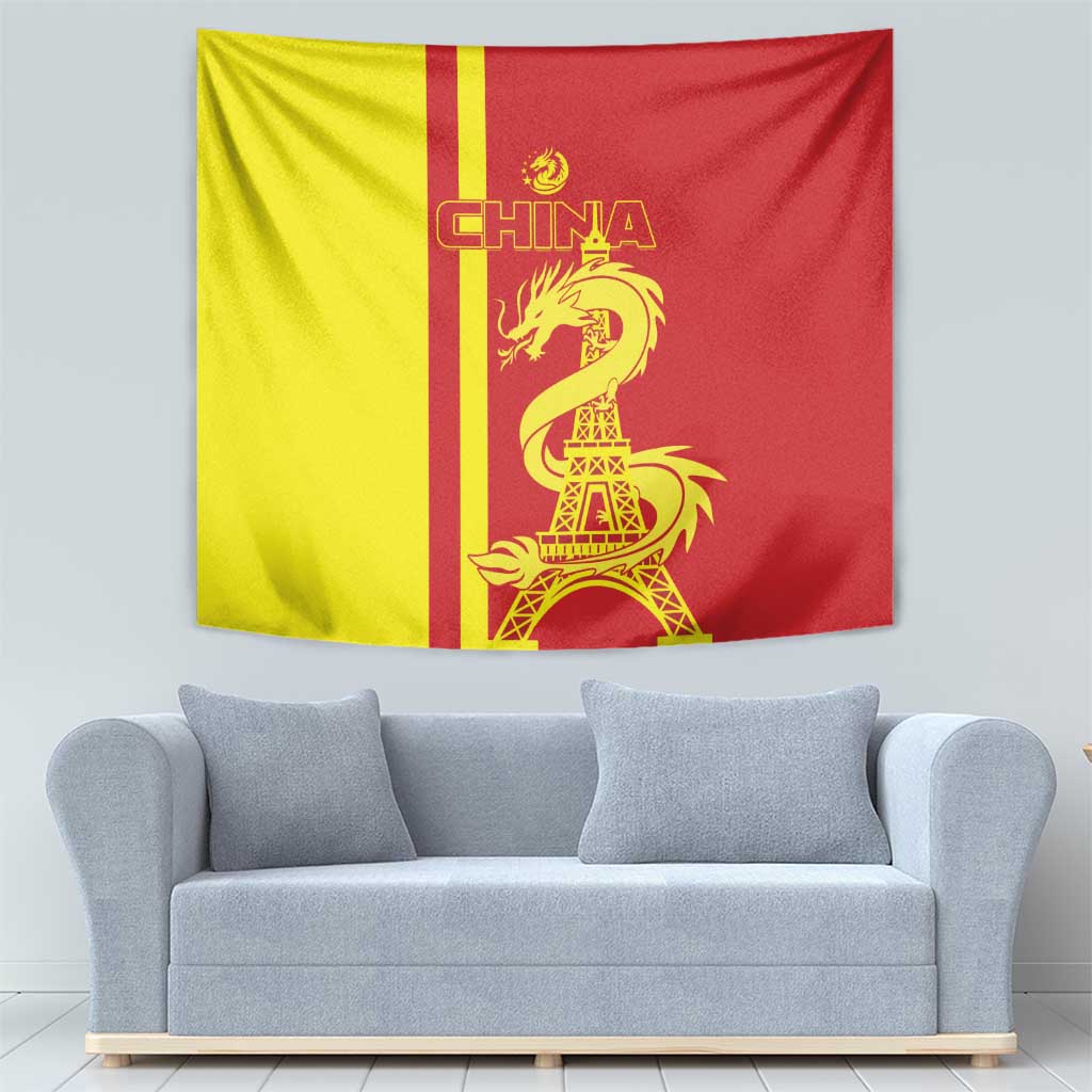 Red and yellow China flag tapestry with CHINA text, golden dragon and Eiffel Tower