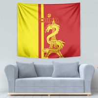 Red and yellow China flag tapestry with CHINA text, golden dragon and Eiffel Tower