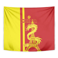 Red and yellow flag tapestry close-up with CHINA lettering, golden dragon and Eiffel Tower