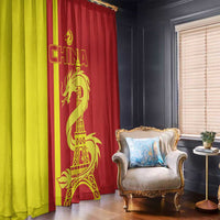 Red and yellow window curtain with gold dragon and Eiffel Tower print on two panels