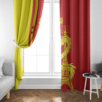 Red and yellow custom window curtain with gold dragon and Eiffel Tower artwork