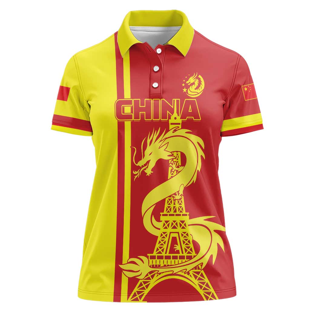 Custom China Women Polo Shirt Chinese Dragon With Eiffel Tower - Wonder Print Shop