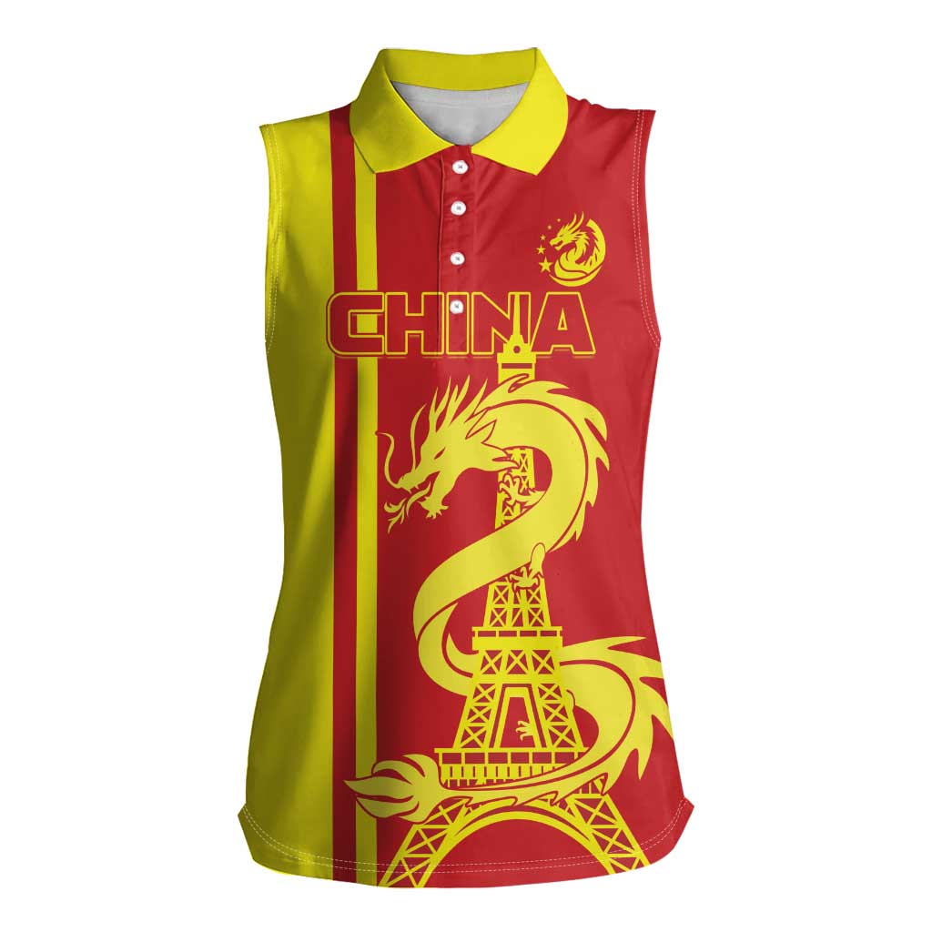 Custom China Women Sleeveless Polo Shirt Chinese Dragon With Eiffel Tower - Wonder Print Shop