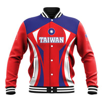 Red/blue baseball jacket with Taiwan graphic, ribbed striped collar, button front