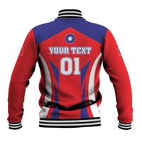 Red/blue baseball jacket back with YOUR TEXT 01, striped ribbed hem and cuffs