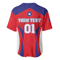 Red and blue baseball jersey with V-neck, button front, and 'YOUR TEXT 01' back print