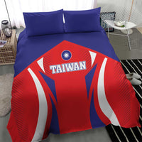 Taiwan-themed bedding set featuring blue pillowcases and red-blue duvet with Taiwan text