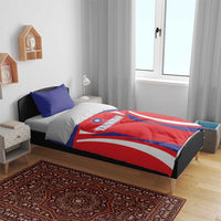 Taiwan-themed bedding set on bed with blue pillowcases and red-blue duvet cover design