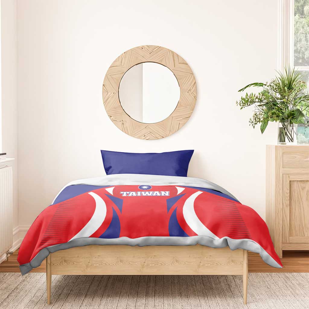 Taiwan-themed bedding set with blue pillowcases and red-blue duvet with Taiwan logo