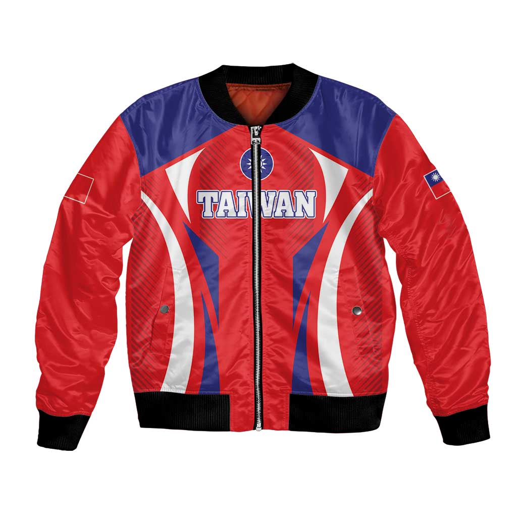 Red and blue satin bomber jacket with front zipper, ribbed cuffs, sporty graphic panel