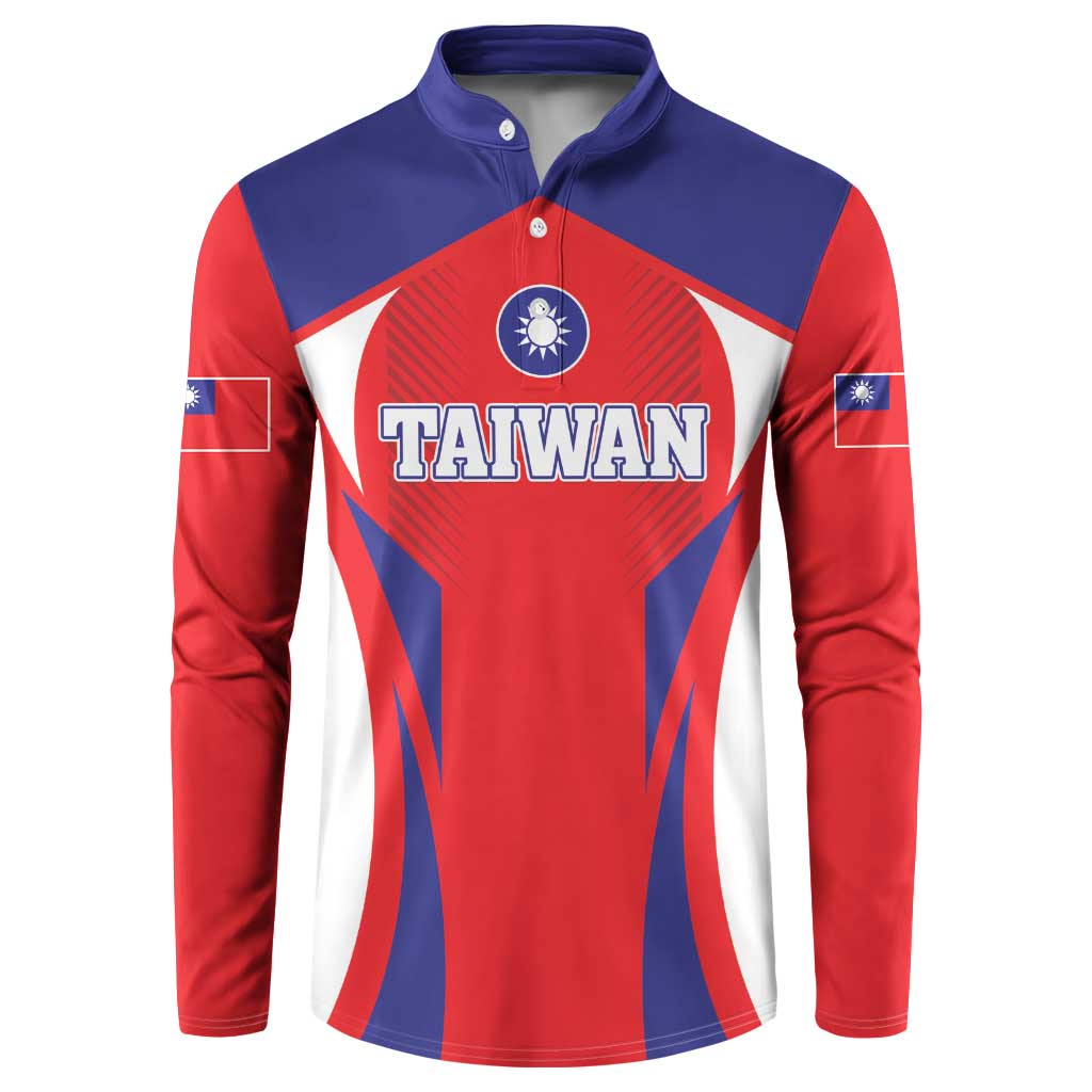 Taiwan-style button sweatshirt, red/blue/white with 'TAIWAN' front graphic