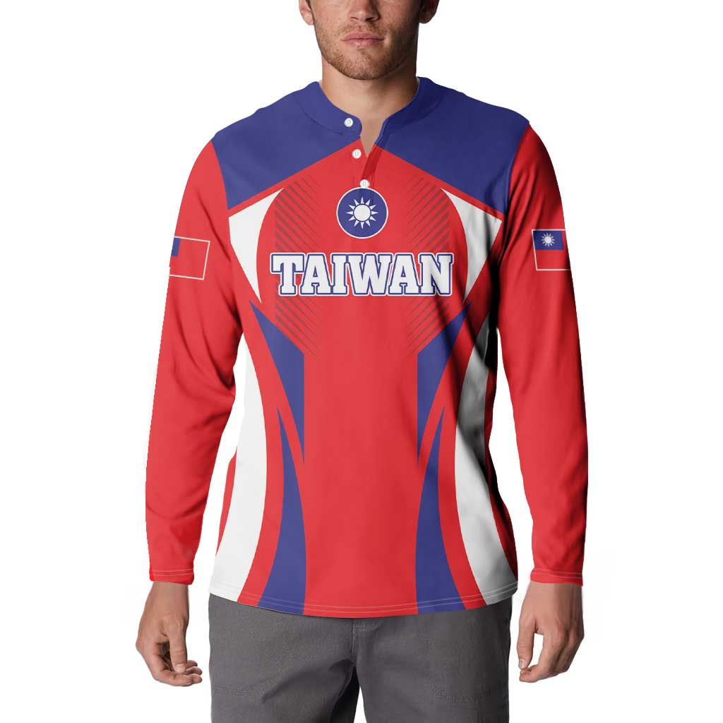 Taiwan-style button sweatshirt, red/blue/white front with 'TAIWAN' emblem; long sleeves